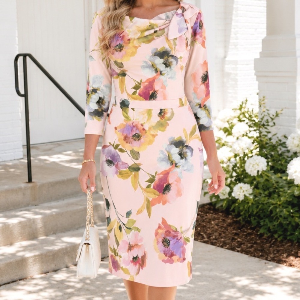 London Times Pink Floral Sheath Dress Bow Neck 3/4 Sleeve Size 4 X3